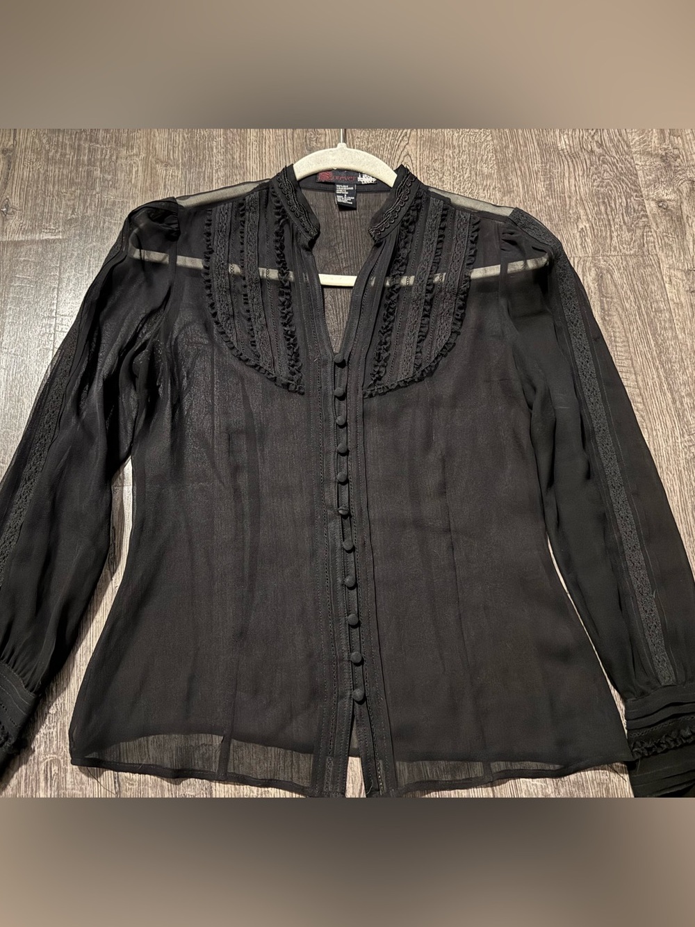 Forever Women's Black Silk Chiffon V-Neck Sheer Button Blouse, S